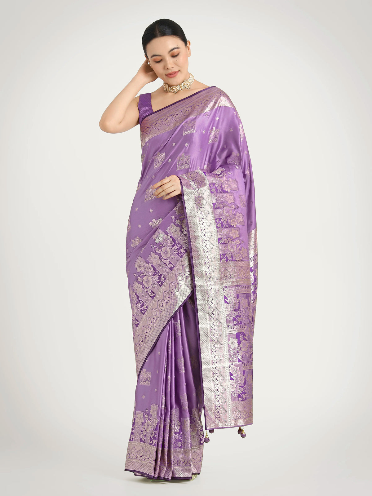 Lavender Banarasi-Style Satin Saree with Floral Zari Border, styled on model