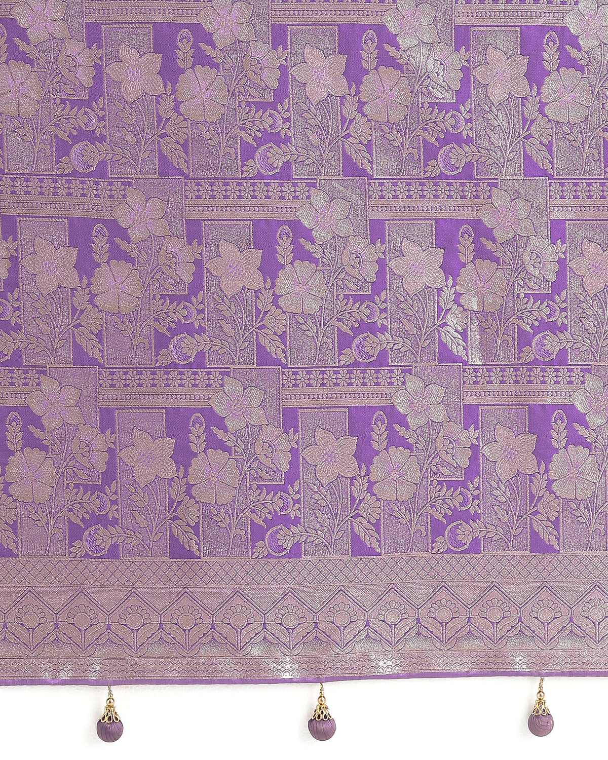 Lavender Banarasi-Style Satin Saree with Floral Zari Border, pallu close-up