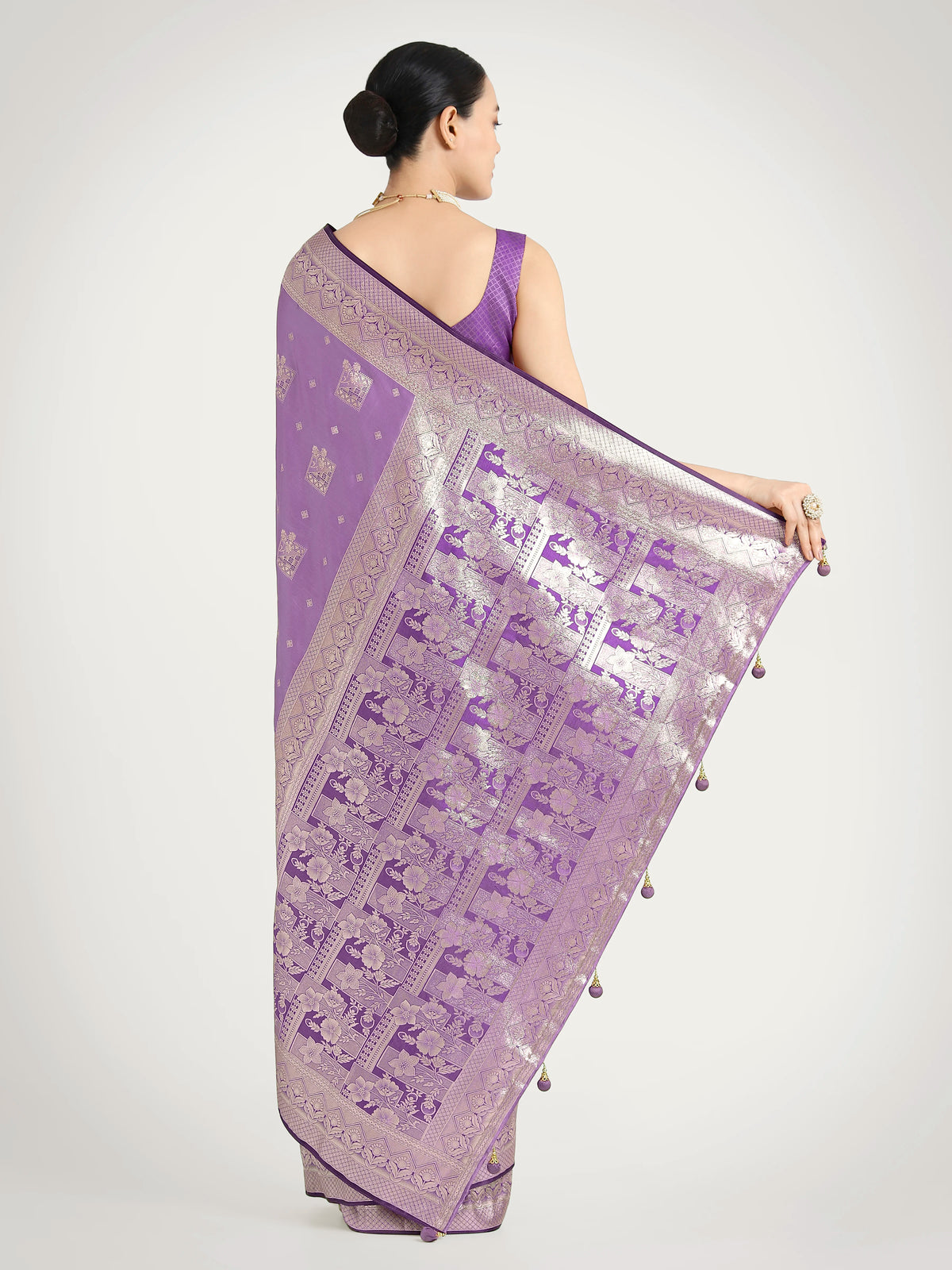 Lavender Banarasi-Style Satin Saree with Floral Zari Border, back with pallu