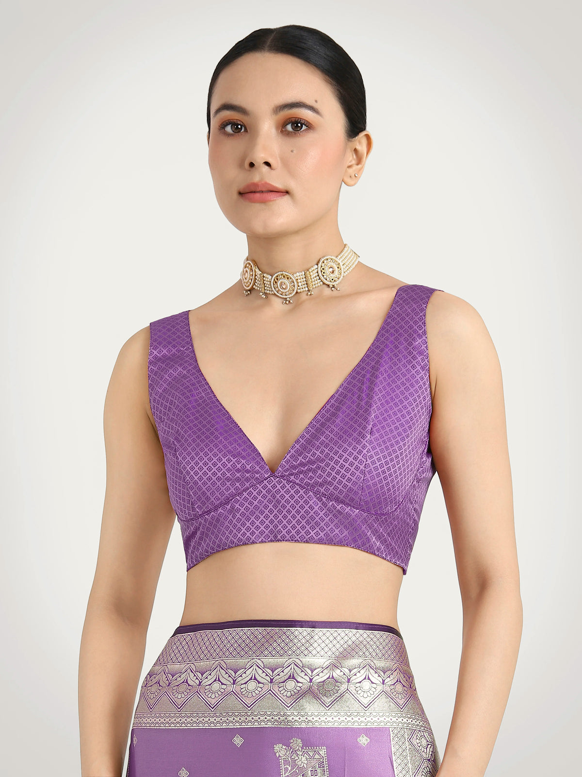 Lavender Banarasi-Style Satin Saree with Floral Zari Border, blouse detail