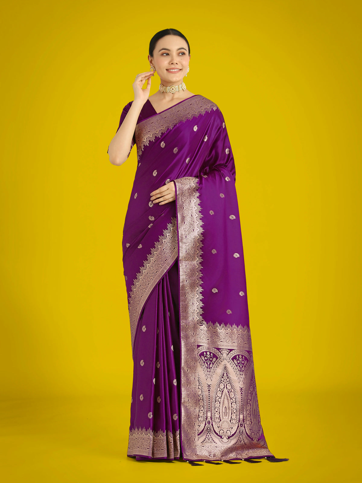 Purple Banarasi-Style Satin Saree with Paisley Pallu, front