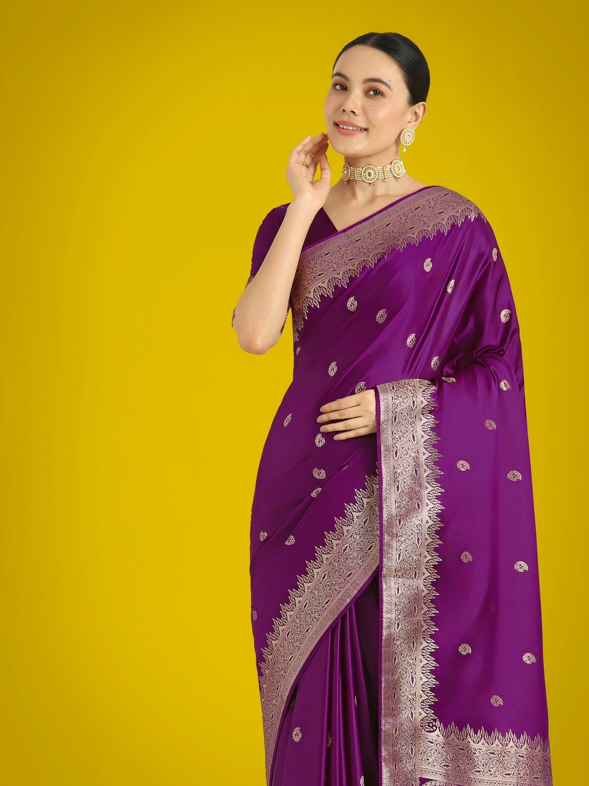 Purple Banarasi-Style Satin Saree with Paisley Pallu, side
