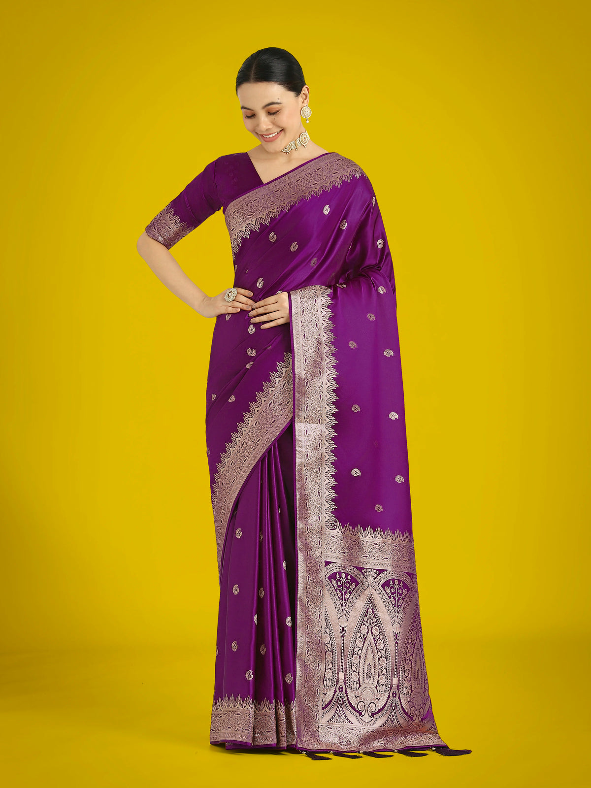Purple Banarasi-Style Satin Saree with Paisley Pallu, styled on model