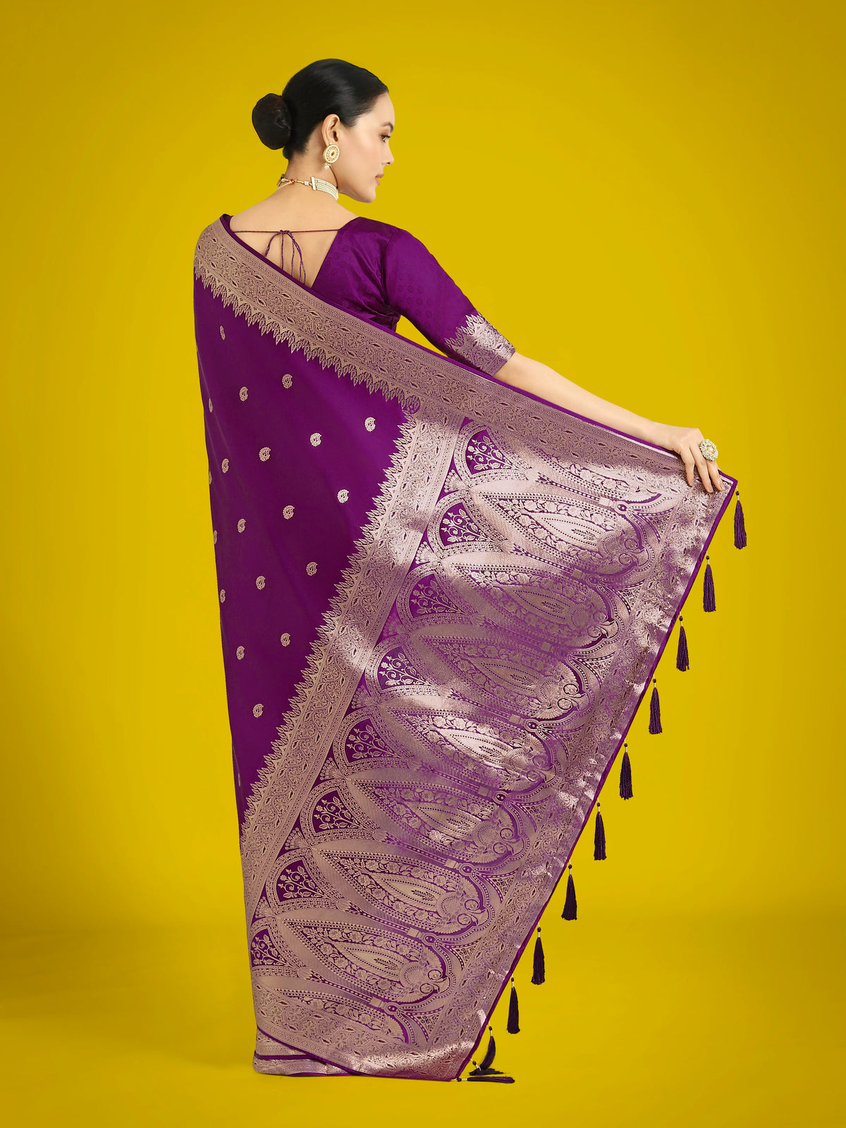 Purple Banarasi-Style Satin Saree with Paisley Pallu, back with pallu