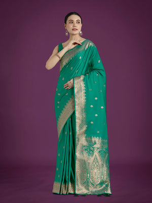 Turquoise Banarasi-Style Satin Saree with Paisley Pallu