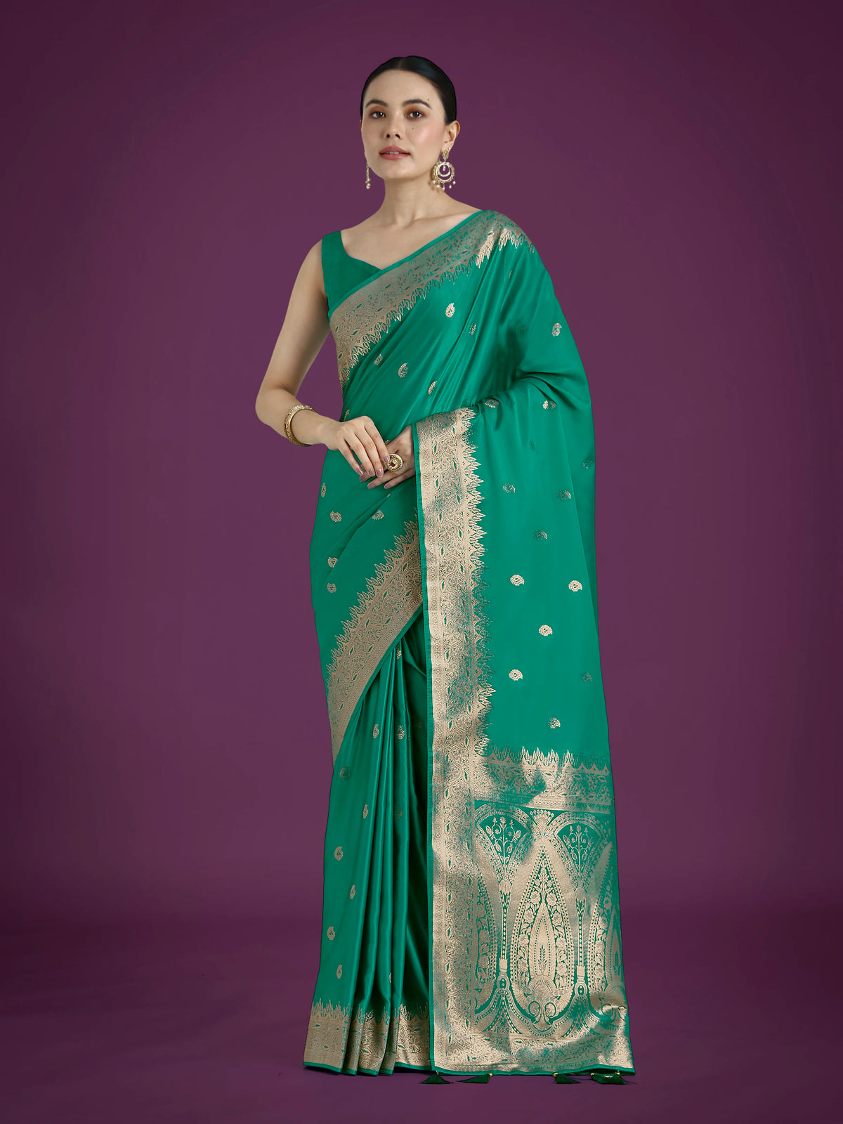Turquoise Banarasi-Style Satin Saree with Paisley Pallu, styled on model