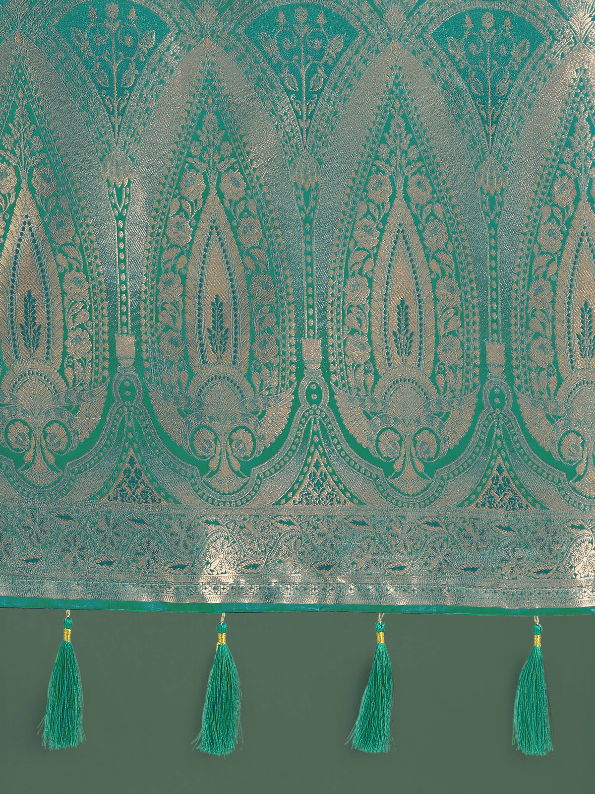 Turquoise Banarasi-Style Satin Saree with Paisley Pallu, pallu close-up