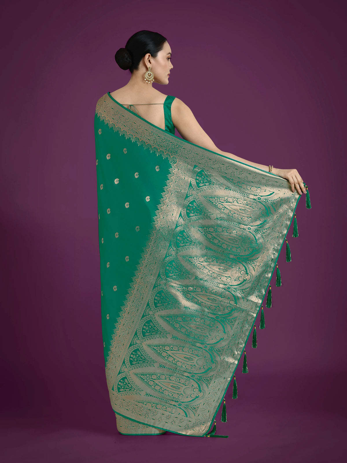 Turquoise Banarasi-Style Satin Saree with Paisley Pallu, back with pallu