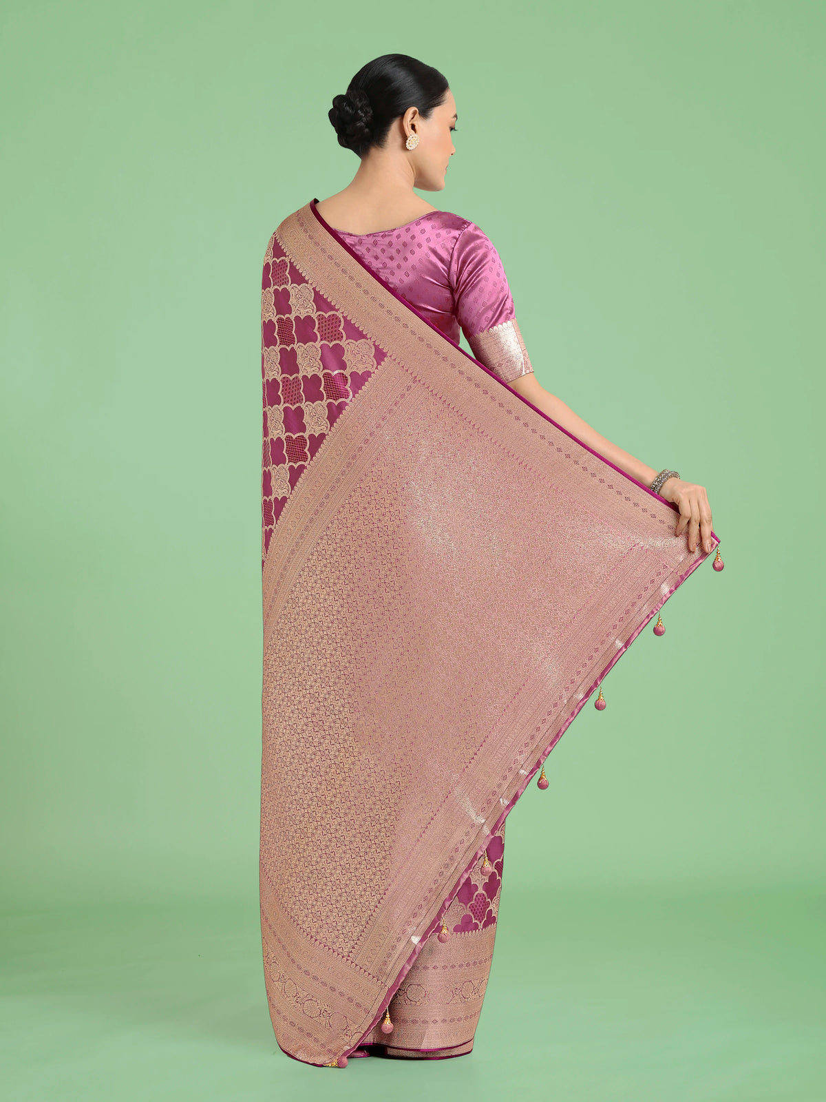 Rose Pink Banarasi-Style Silk Blend Saree with Scalloped Zari Jaal, back with pallu