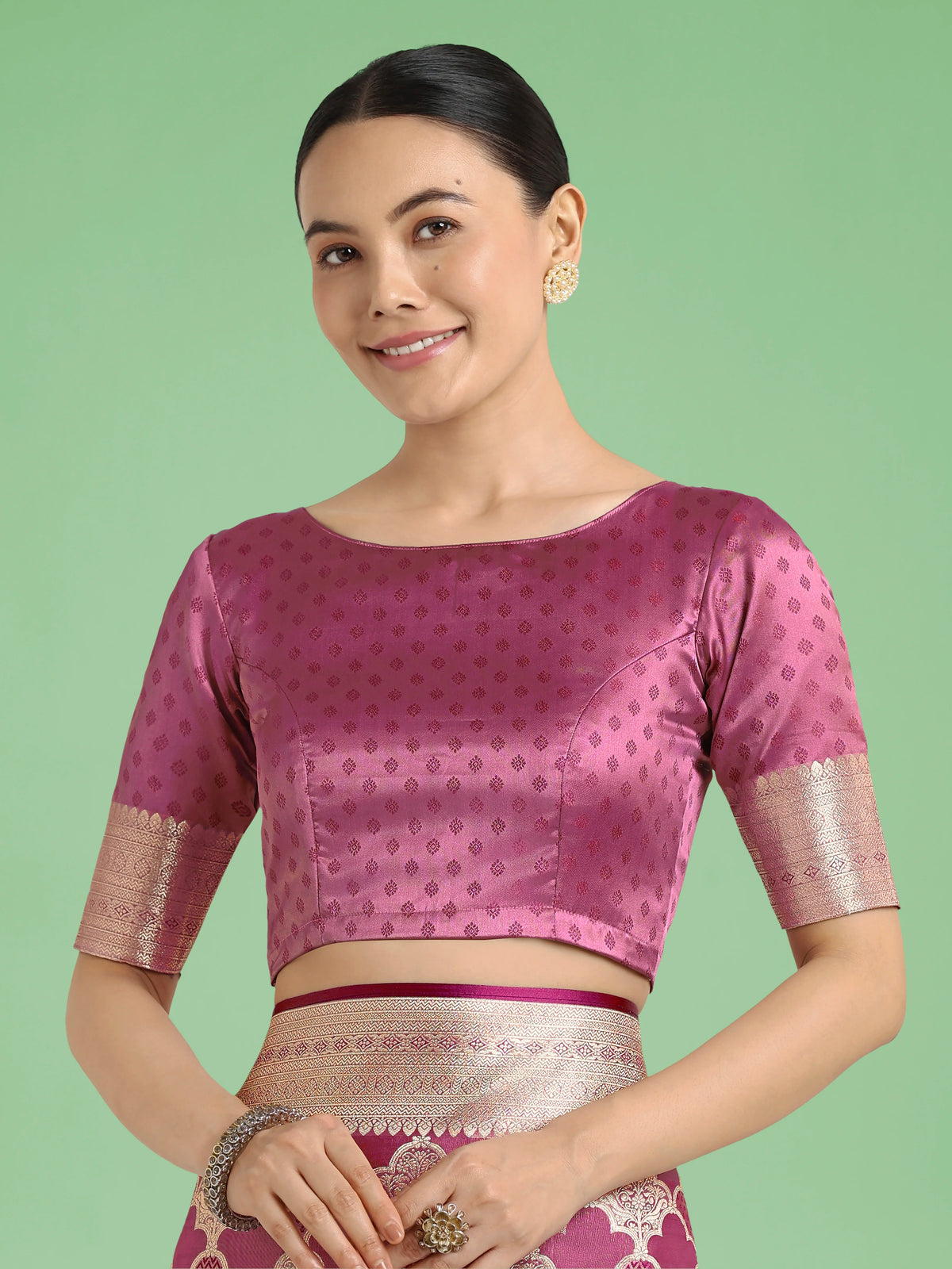 Rose Pink Banarasi-Style Silk Blend Saree with Scalloped Zari Jaal, blouse detail
