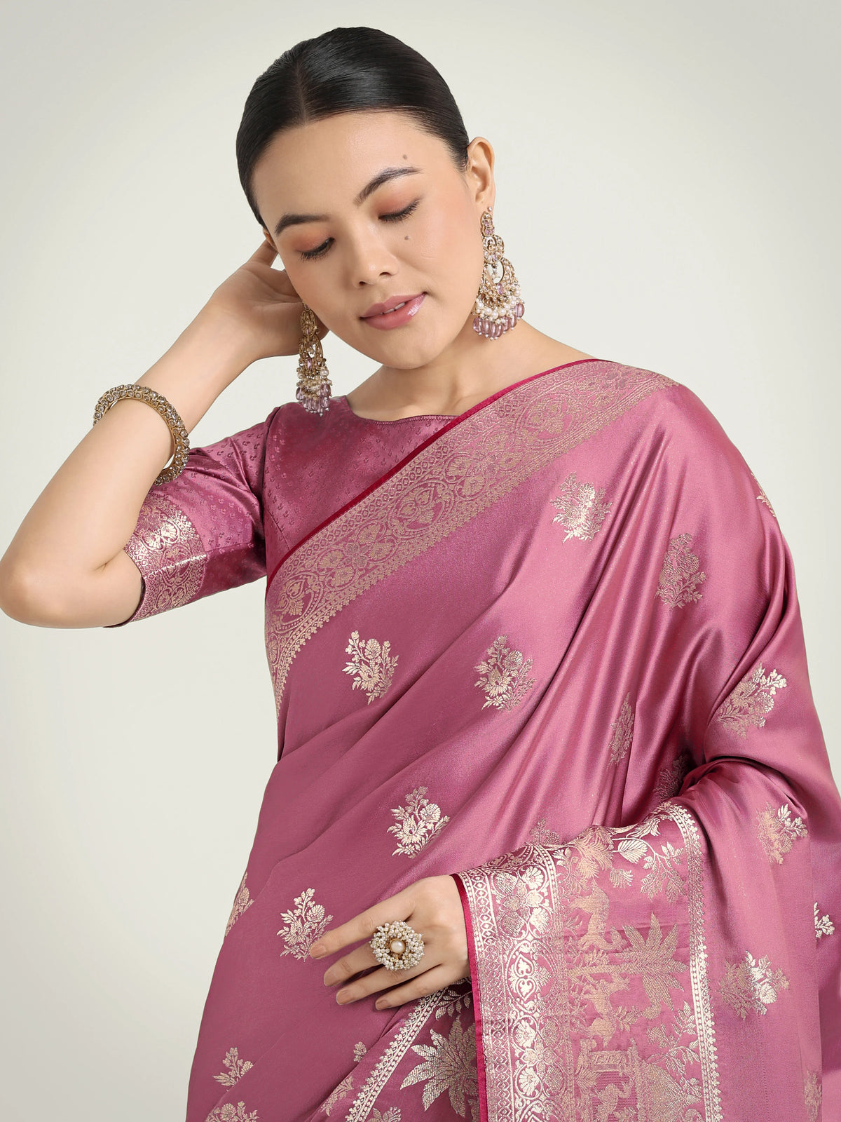 Dusty Pink Banarasi-Style Satin Saree with Deer Motif Pallu, side