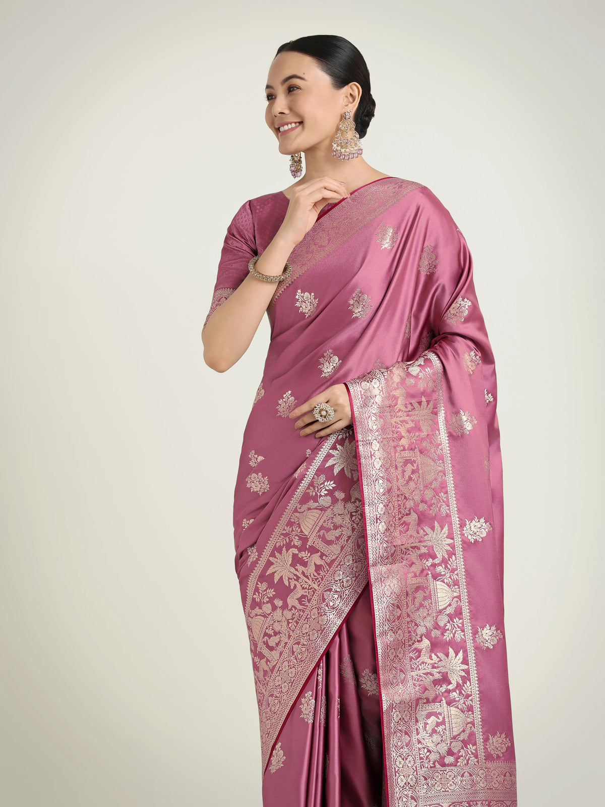 Dusty Pink Banarasi-Style Satin Saree with Deer Motif Pallu, styled on model