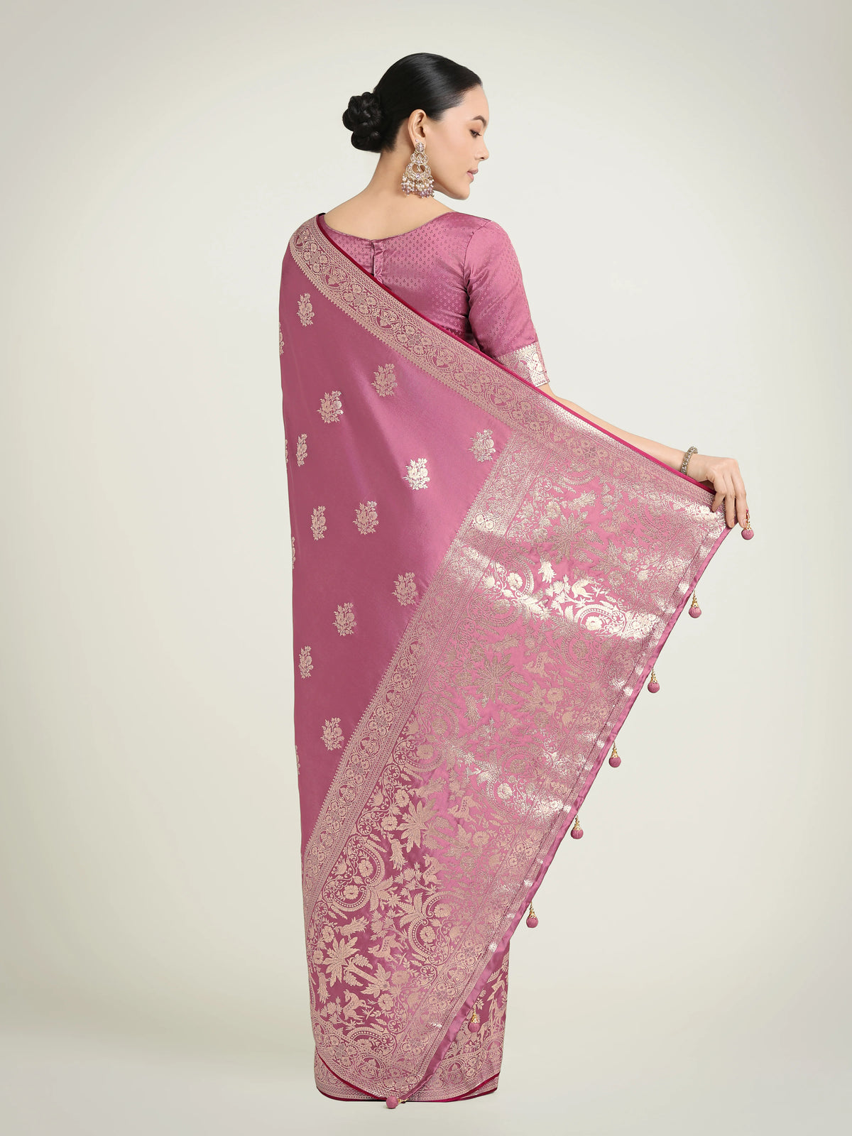 Dusty Pink Banarasi-Style Satin Saree with Deer Motif Pallu, back with pallu