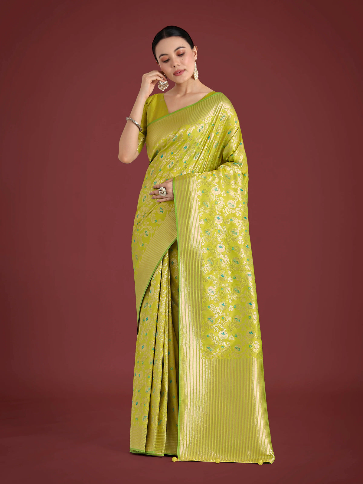 Parrot Green Banarasi-Style Silk Blend Saree with Floral Jaal, styled on model