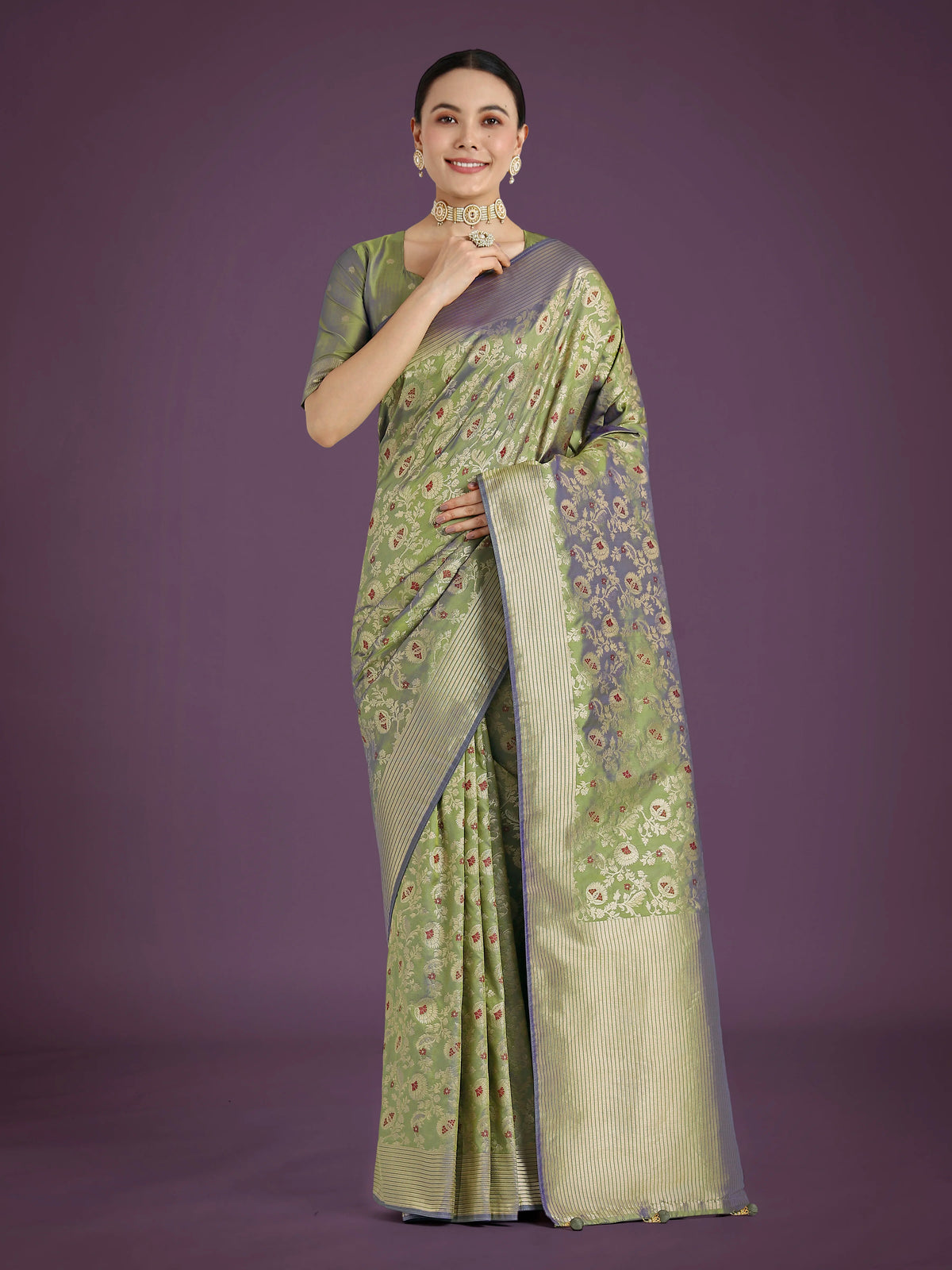 Olive Banarasi-Style Silk Blend Saree with Floral Jaal, front