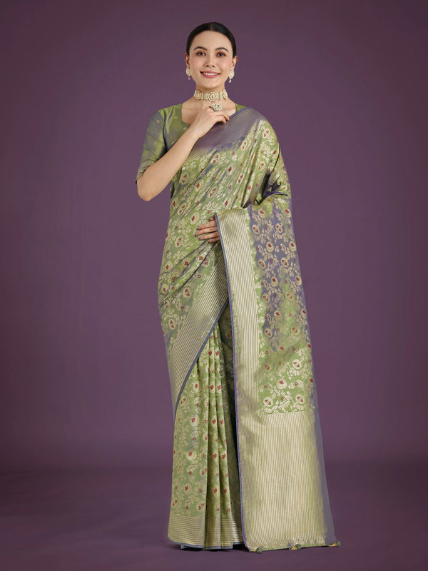 Olive Banarasi-Style Silk Blend Saree with Floral Jaal, front