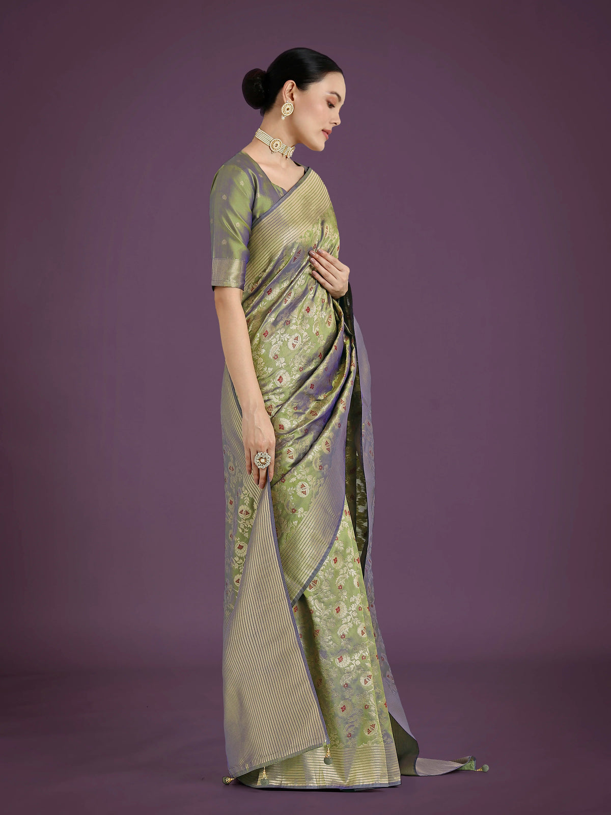 Olive Banarasi-Style Silk Blend Saree with Floral Jaal, styled on model