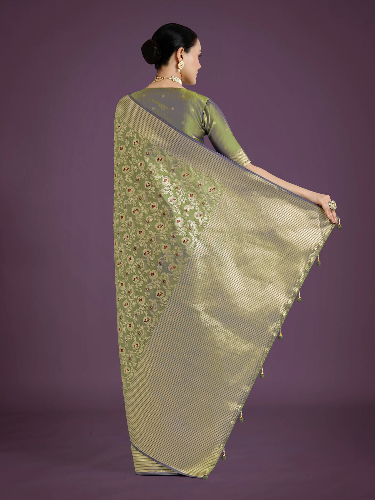 Olive Banarasi-Style Silk Blend Saree with Floral Jaal, back with pallu