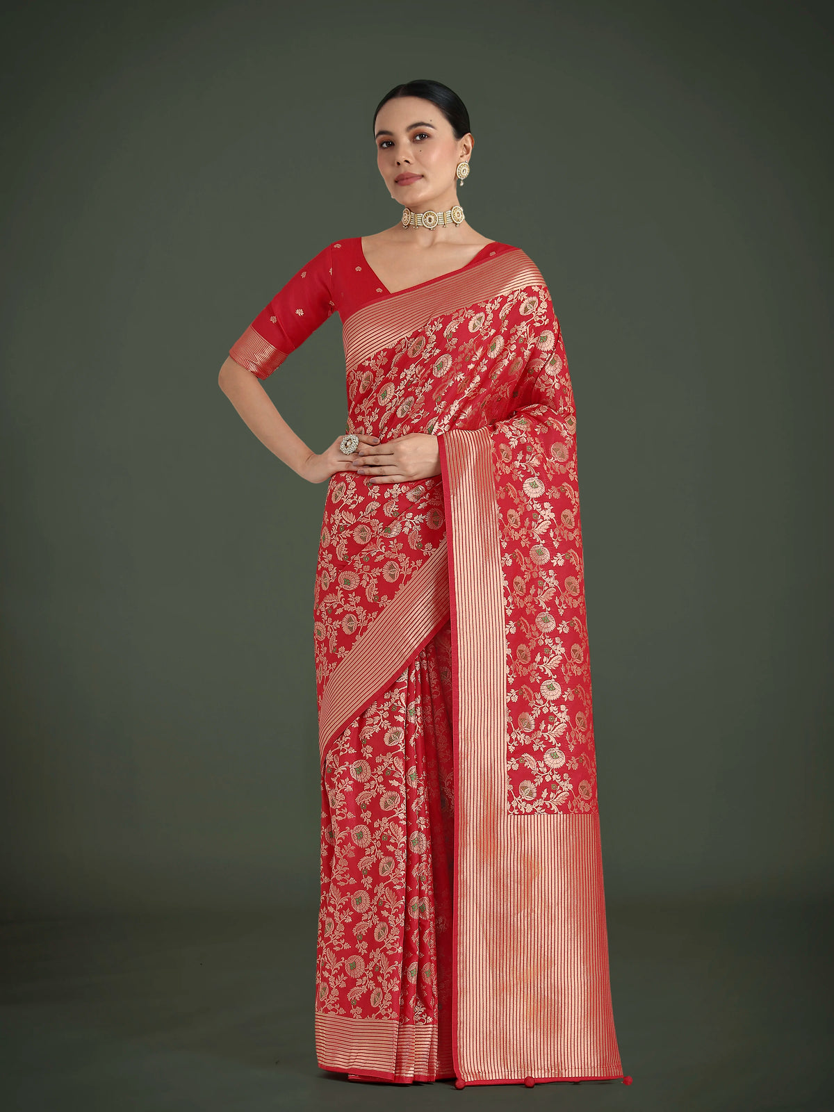 Red Banarasi-Style Silk Blend Saree with Floral Jaal, front