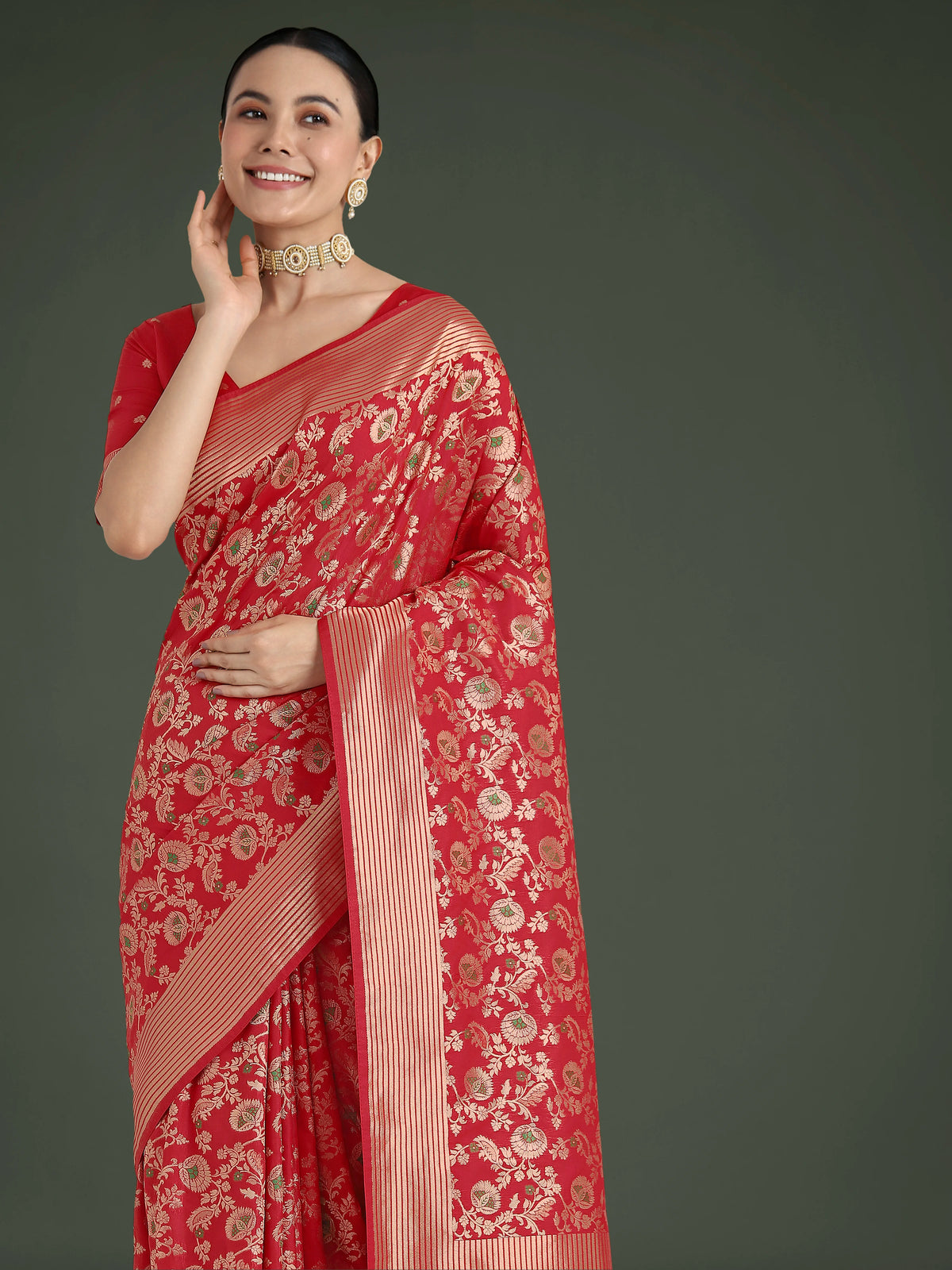 Red Banarasi-Style Silk Blend Saree with Floral Jaal, side