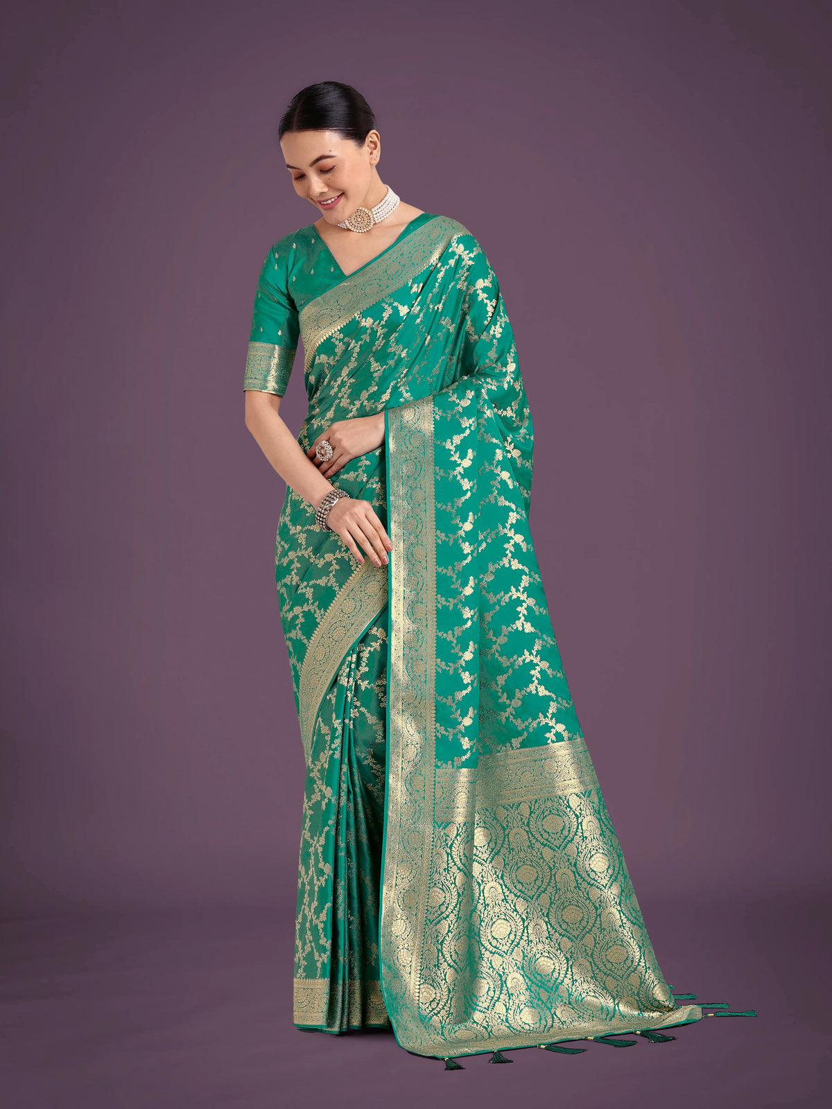 Turquoise Banarasi-Style Satin Saree with Zari Floral Jaal, front