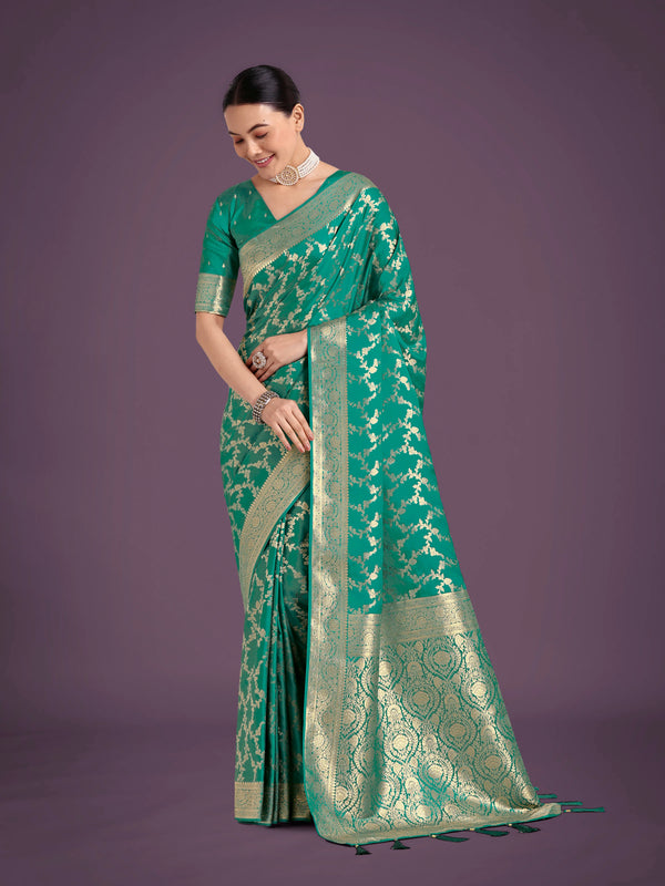 Turquoise Banarasi-Style Satin Saree with Zari Floral Jaal, front