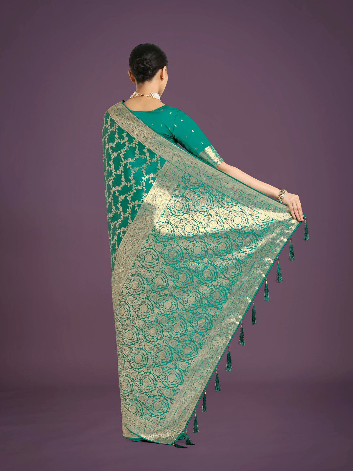 Turquoise Banarasi-Style Satin Saree with Zari Floral Jaal, back with pallu