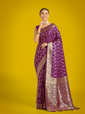 Purple Banarasi-Style Satin Saree with Zari Floral Jaal