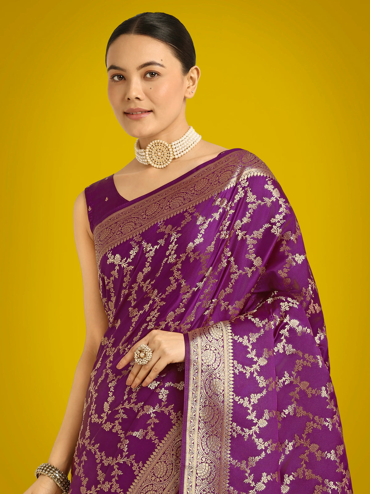 Purple Banarasi-Style Satin Saree with Zari Floral Jaal, side
