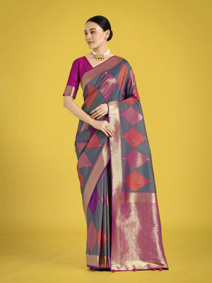 Multicolor Banarasi-Style Silk Blend Saree with Zari Diamond Weave