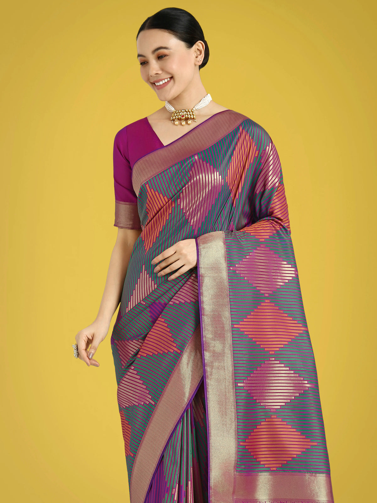 Multicolor Banarasi-Style Silk Blend Saree with Zari Diamond Weave, styled on model