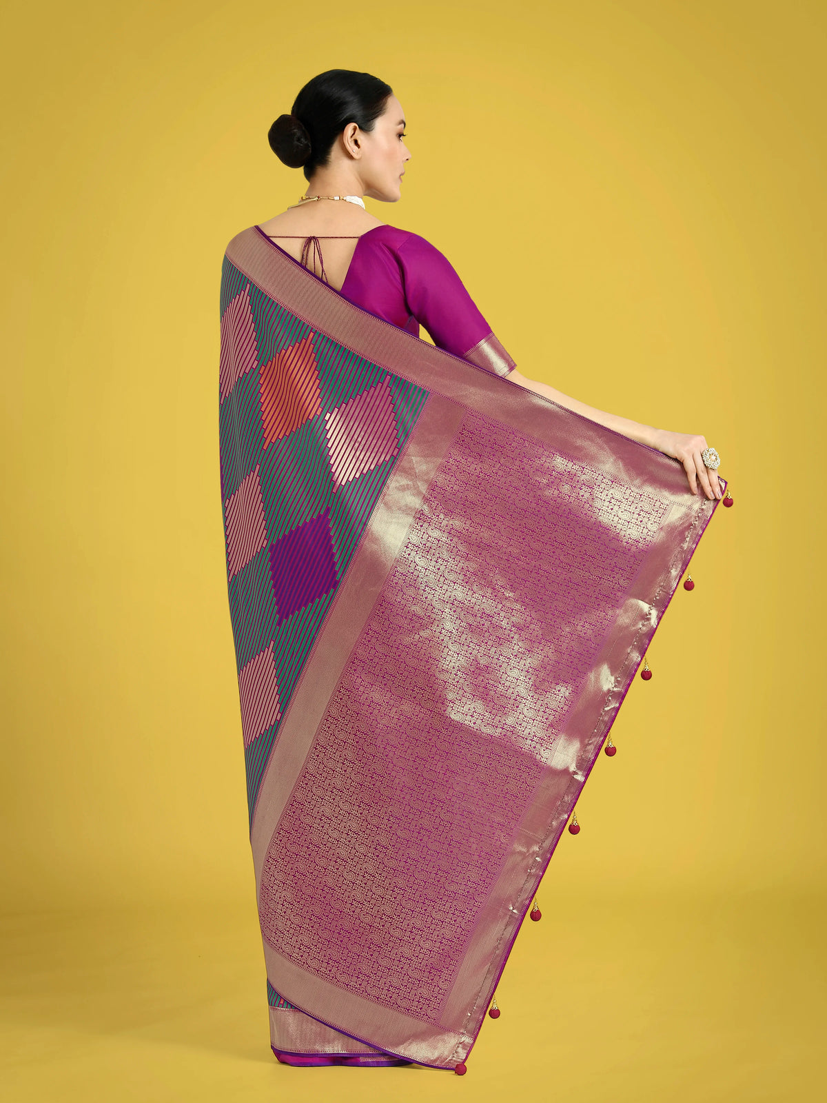 Multicolor Banarasi-Style Silk Blend Saree with Zari Diamond Weave, back with pallu