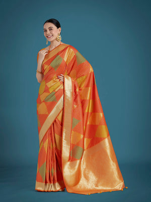 Orange Banarasi-Style Silk Blend Saree with Zari Diamond Weave