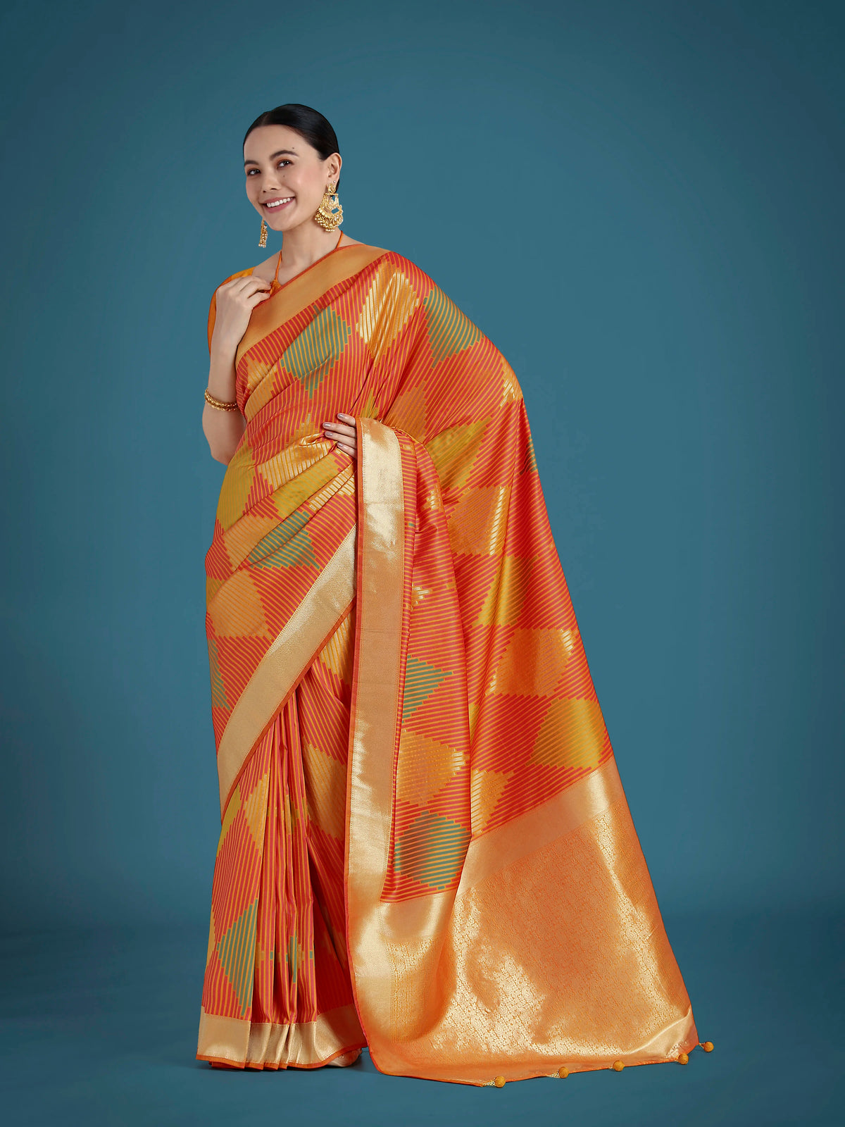 Orange Banarasi-Style Silk Blend Saree with Zari Diamond Weave, front