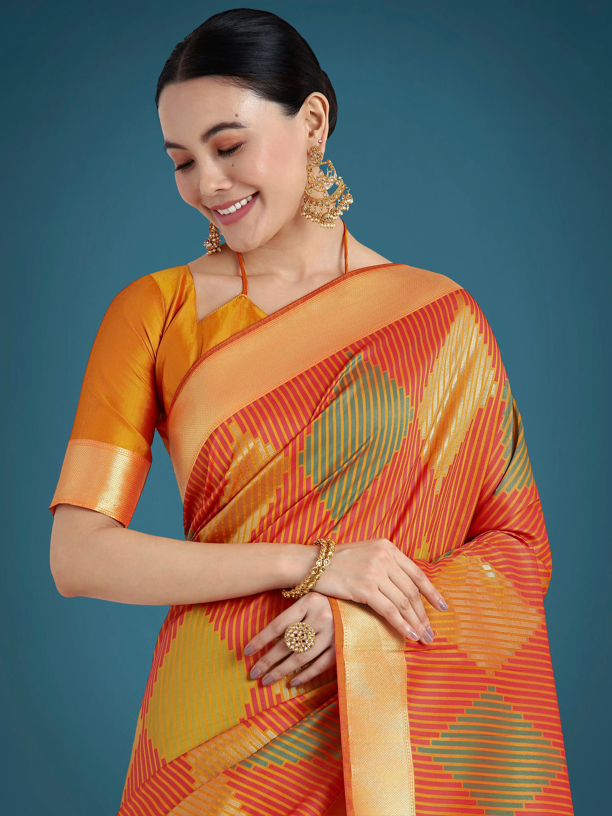 Orange Banarasi-Style Silk Blend Saree with Zari Diamond Weave, side