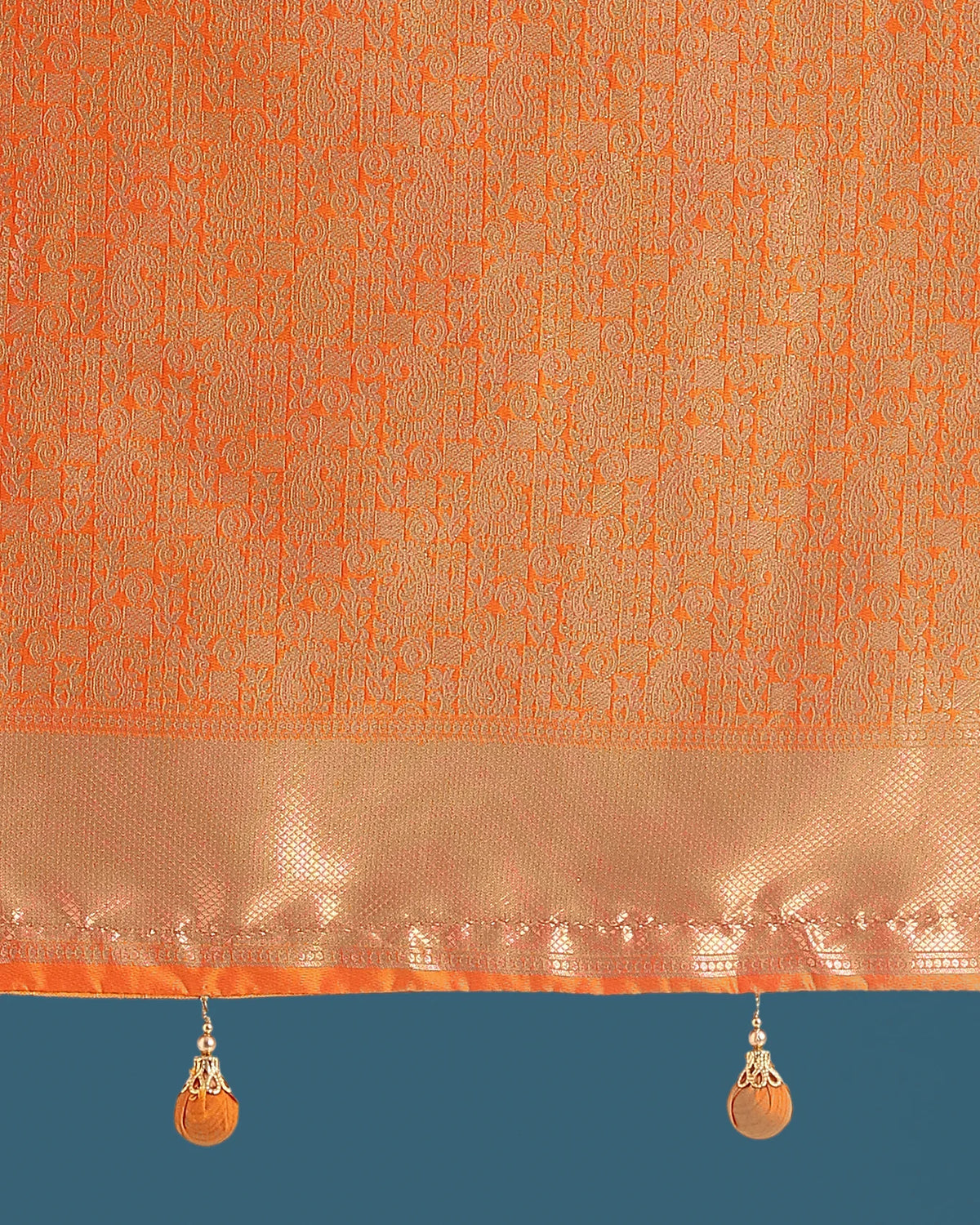 Orange Banarasi-Style Silk Blend Saree with Zari Diamond Weave, pallu close-up