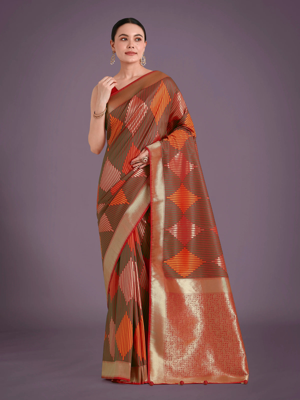 Red Banarasi-Style Silk Blend Saree with Zari Diamond Weave, front
