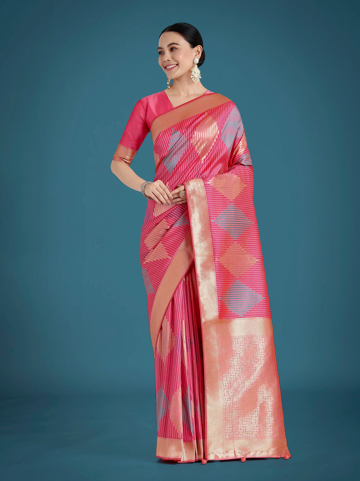 Light Pink Banarasi-Style Silk Blend Saree with Zari Diamond Weave, front