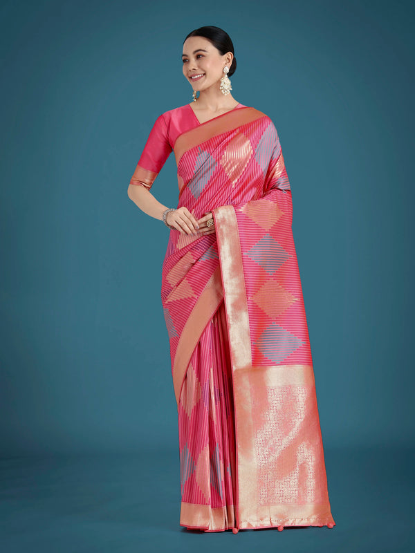 Light Pink Banarasi-Style Silk Blend Saree with Zari Diamond Weave, front
