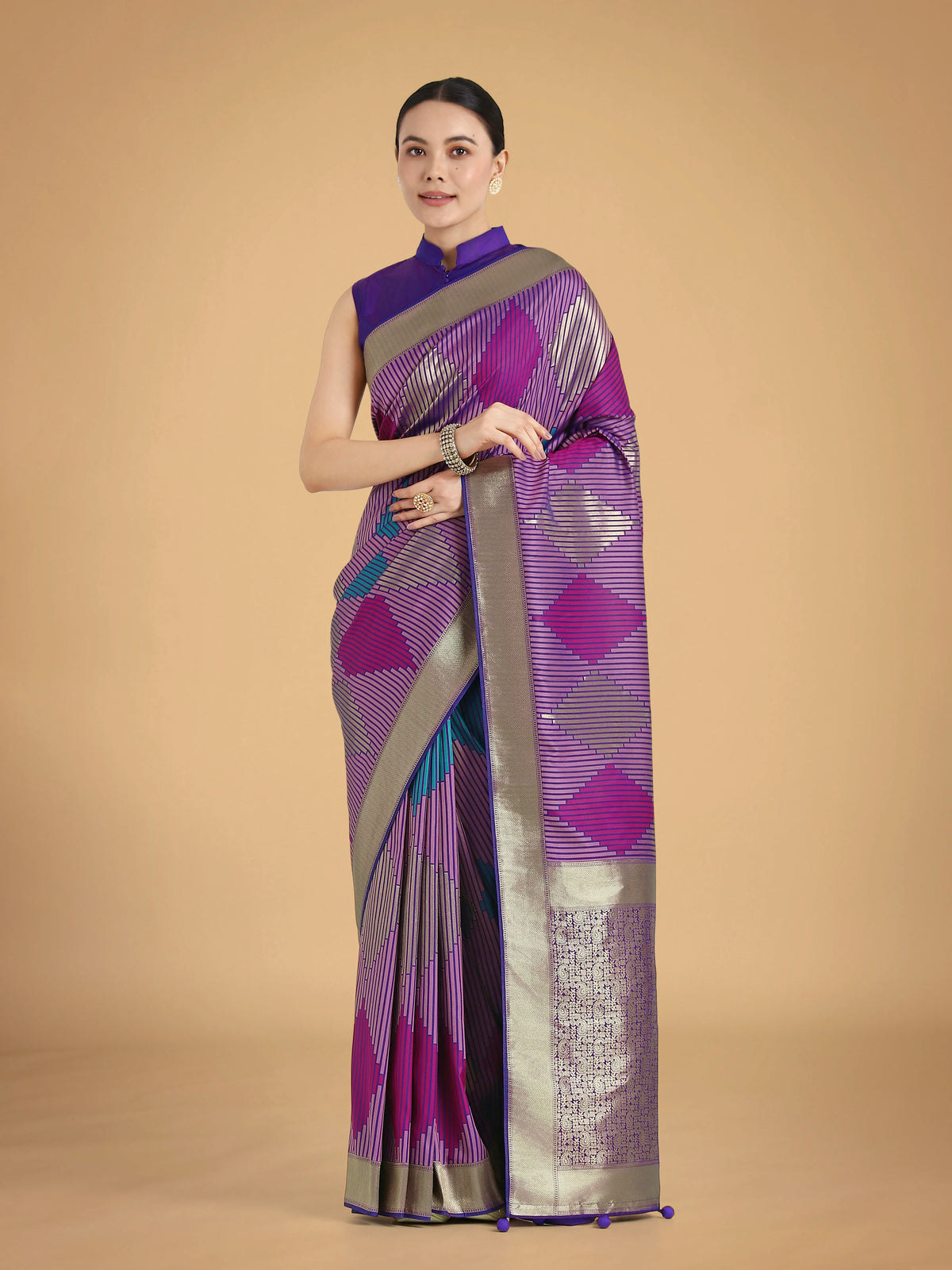 Lavender Banarasi-Style Silk Blend Saree with Zari Diamond Weave, front
