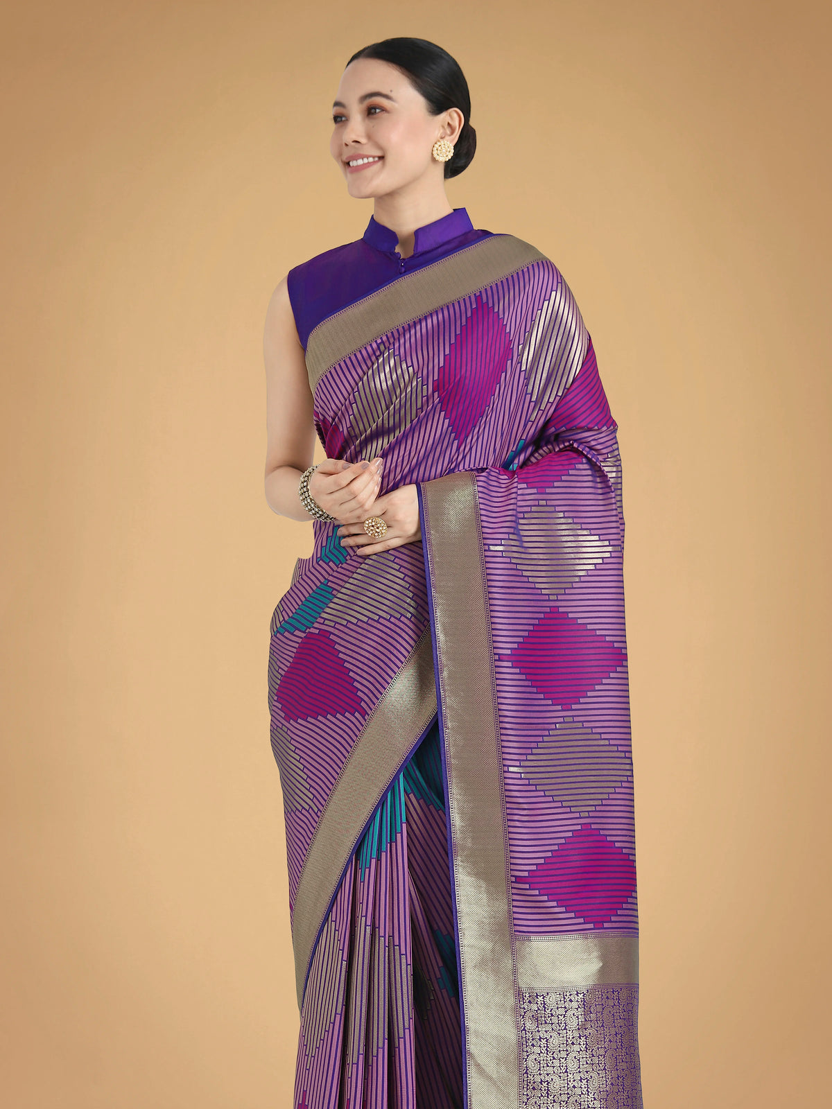 Lavender Banarasi-Style Silk Blend Saree with Zari Diamond Weave, styled on model