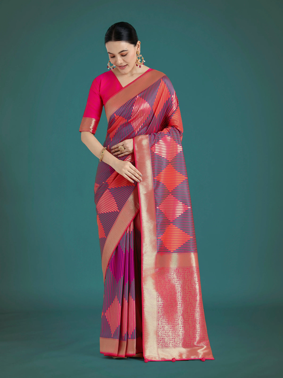 Pink Banarasi-Style Silk Blend Saree with Zari Diamond Weave, front