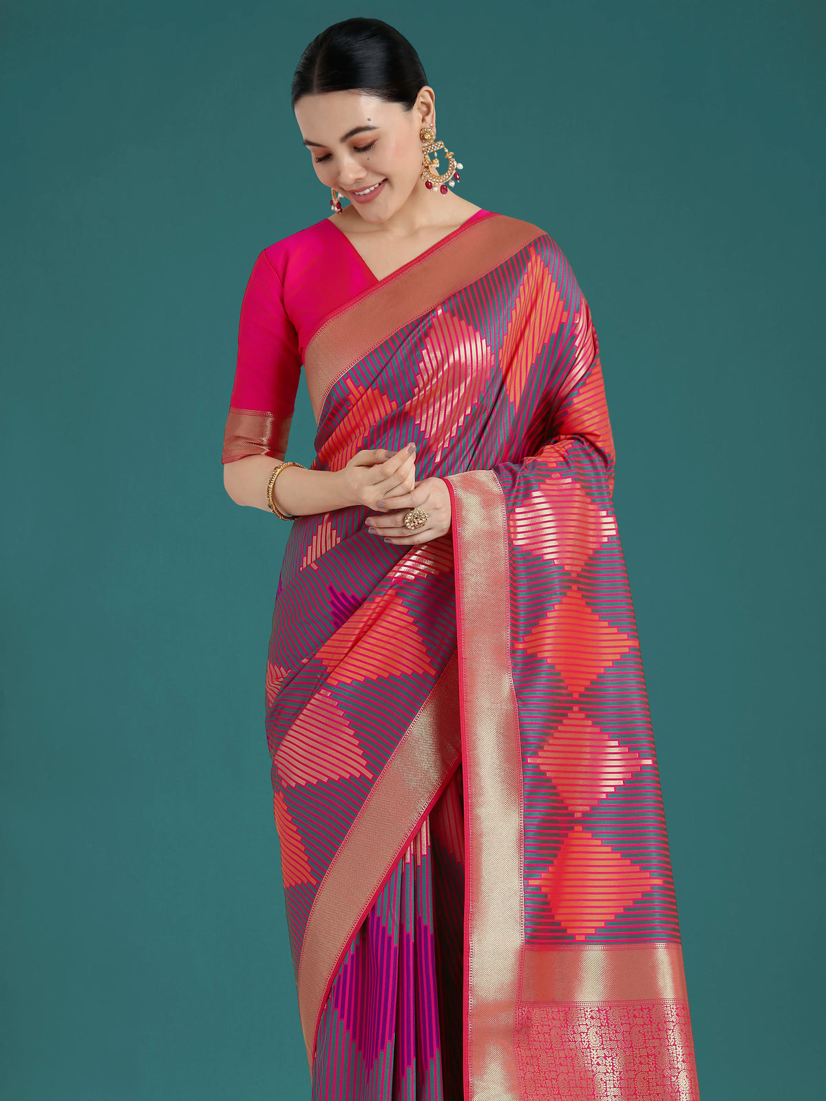 Pink Banarasi-Style Silk Blend Saree with Zari Diamond Weave, side