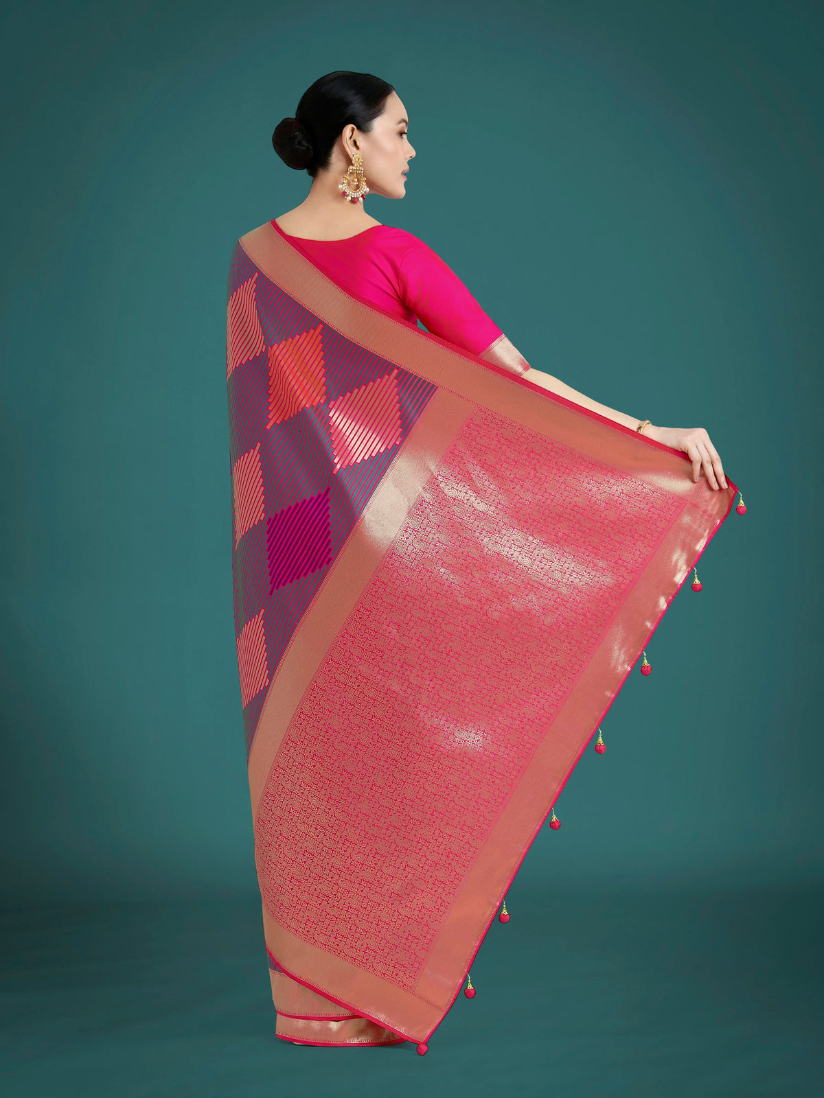 Pink Banarasi-Style Silk Blend Saree with Zari Diamond Weave, back with pallu