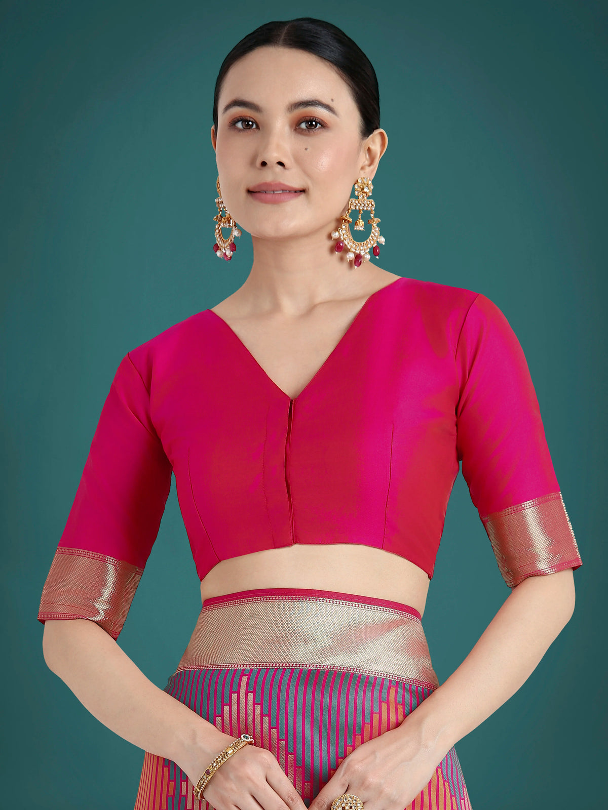 Pink Banarasi-Style Silk Blend Saree with Zari Diamond Weave, blouse detail