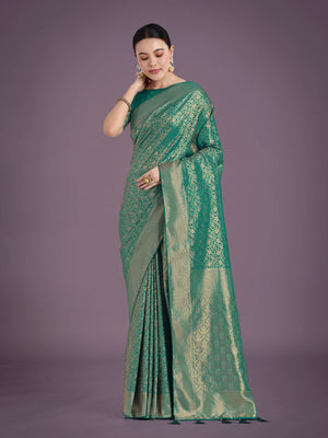 Teal Banarasi-Style Silk Blend Saree with All-Over Zari Weave