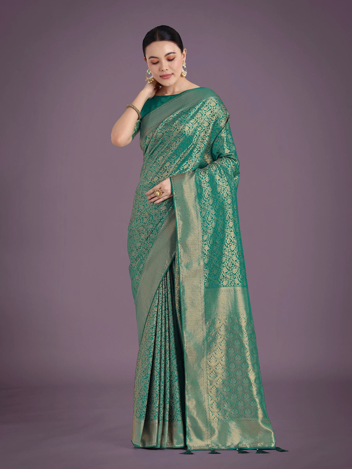 Teal Banarasi-Style Silk Blend Saree with All-Over Zari Weave, front
