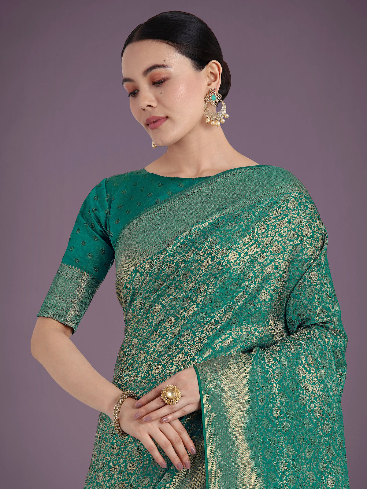 Teal Banarasi-Style Silk Blend Saree with All-Over Zari Weave, side