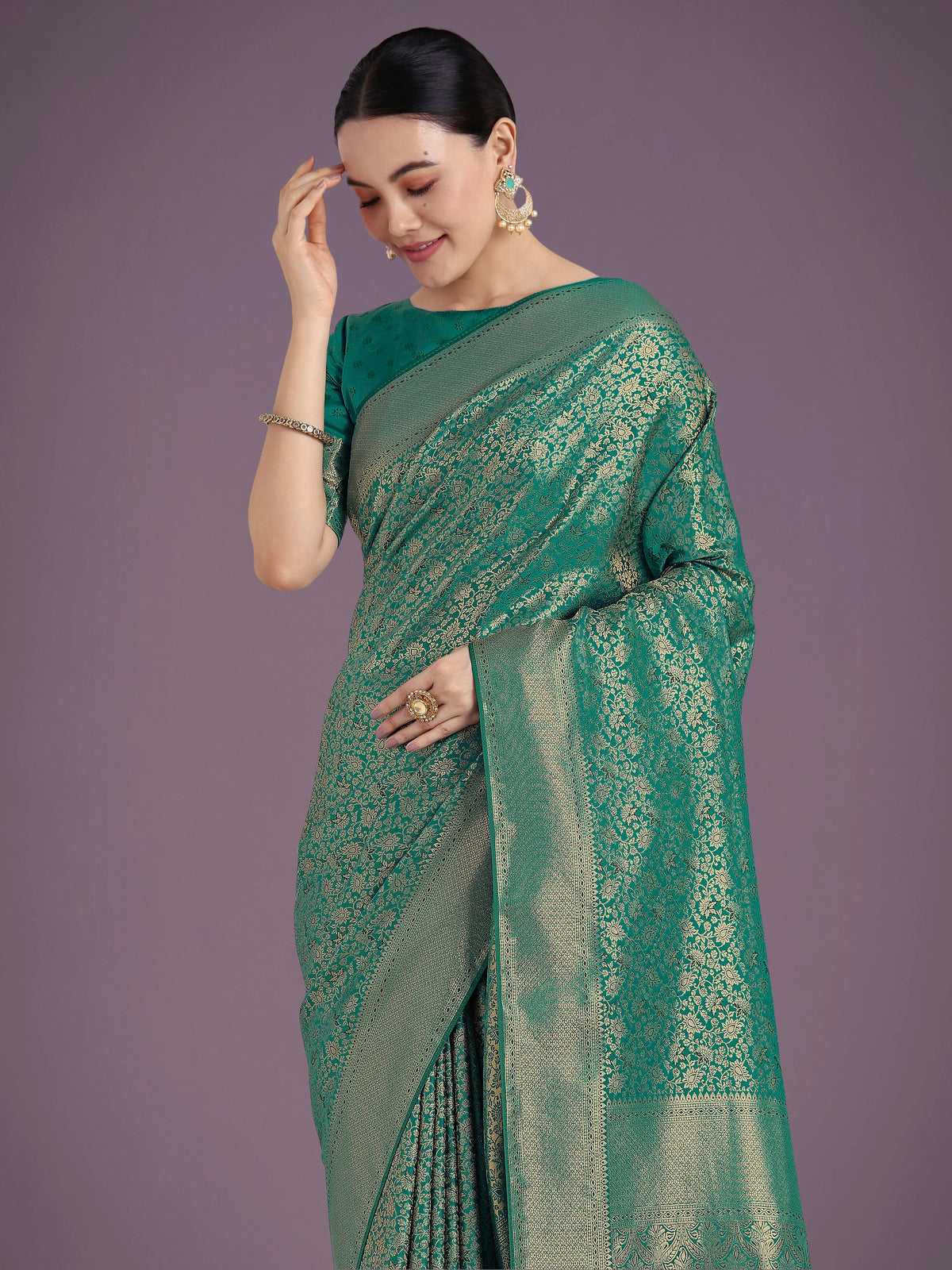 Teal Banarasi-Style Silk Blend Saree with All-Over Zari Weave, styled on model