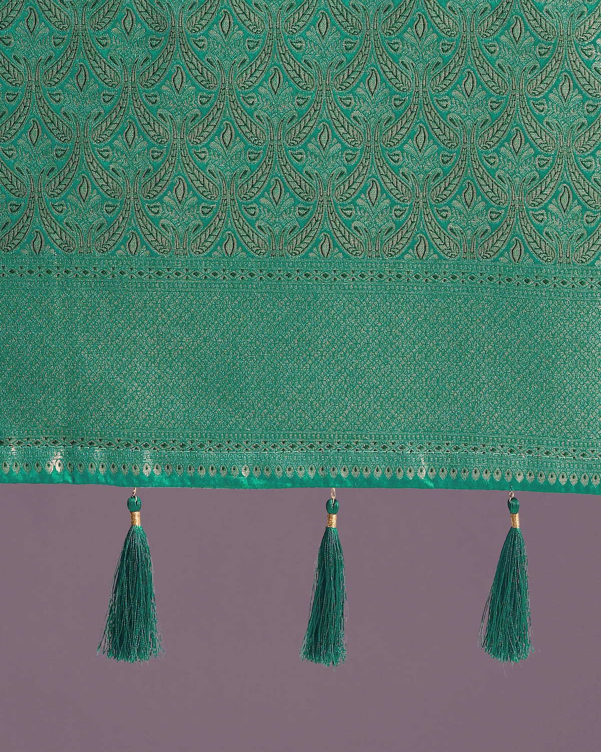 Teal Banarasi-Style Silk Blend Saree with All-Over Zari Weave, pallu close-up